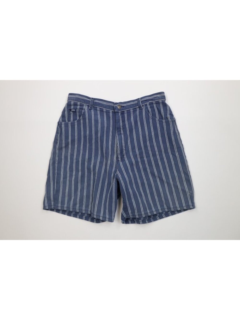 Vintage 90s Lee Mens 34 Distressed Striped Above Knee Denim Jean Shorts Blue